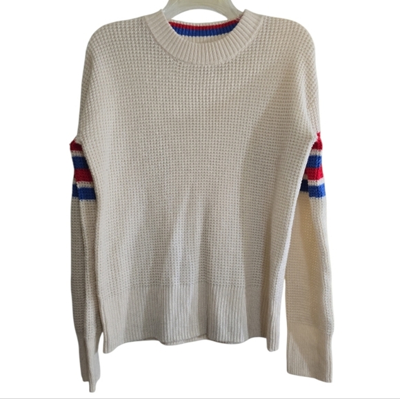 Faherty Wisp Waffle Sweater Women's XS Relaxed Fit Crewneck Sporty Arm Stripes - Picture 2 of 6